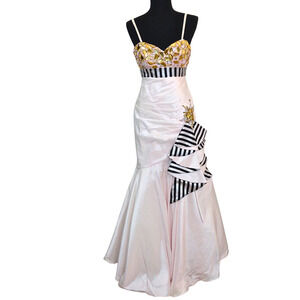 CAMILLE LA VIE STRAPLESS CRYSTAL PINK & BLACK STRIPED PARTY/WEDDING GOWN DRESS